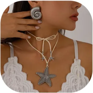 Starfish Shell Beach Necklaces Earrings Jewelry Set Trendy Summer Boho Conch Seashell Pendant Gold Layered Charm Choke Dainty Rope Statement Necklace Fashion Surfer for Women