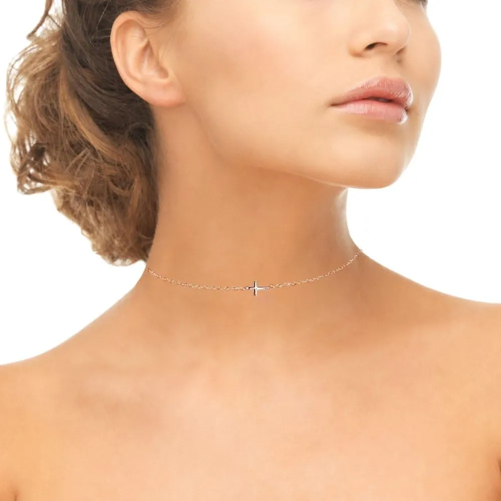 Sterling Silver & Rose Gold Layered Cross & Choker Necklaces - Dainty Gold for Women