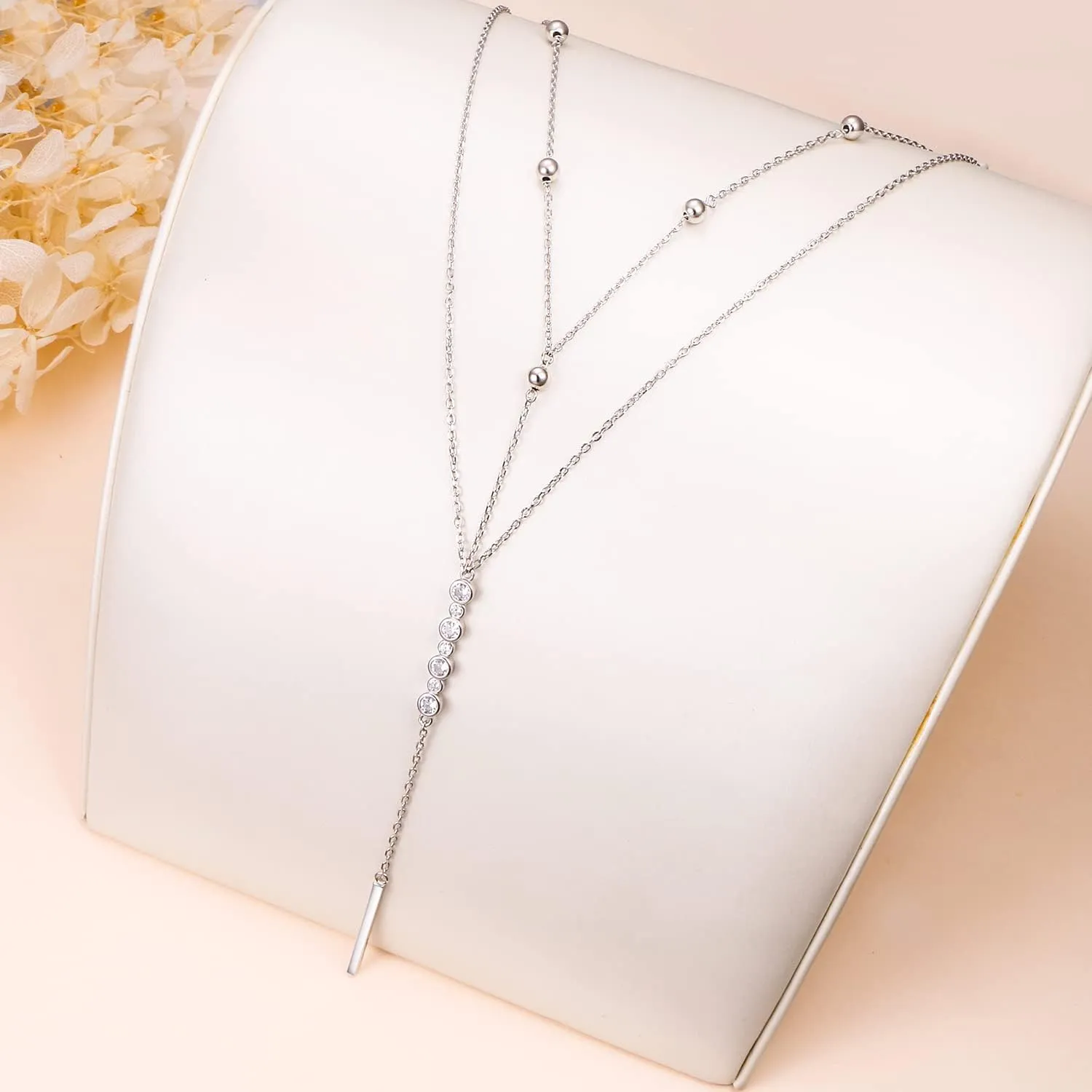 Sterling Silver Dainty Bead Layered Long Lariat Choker Necklaces for Women Boho