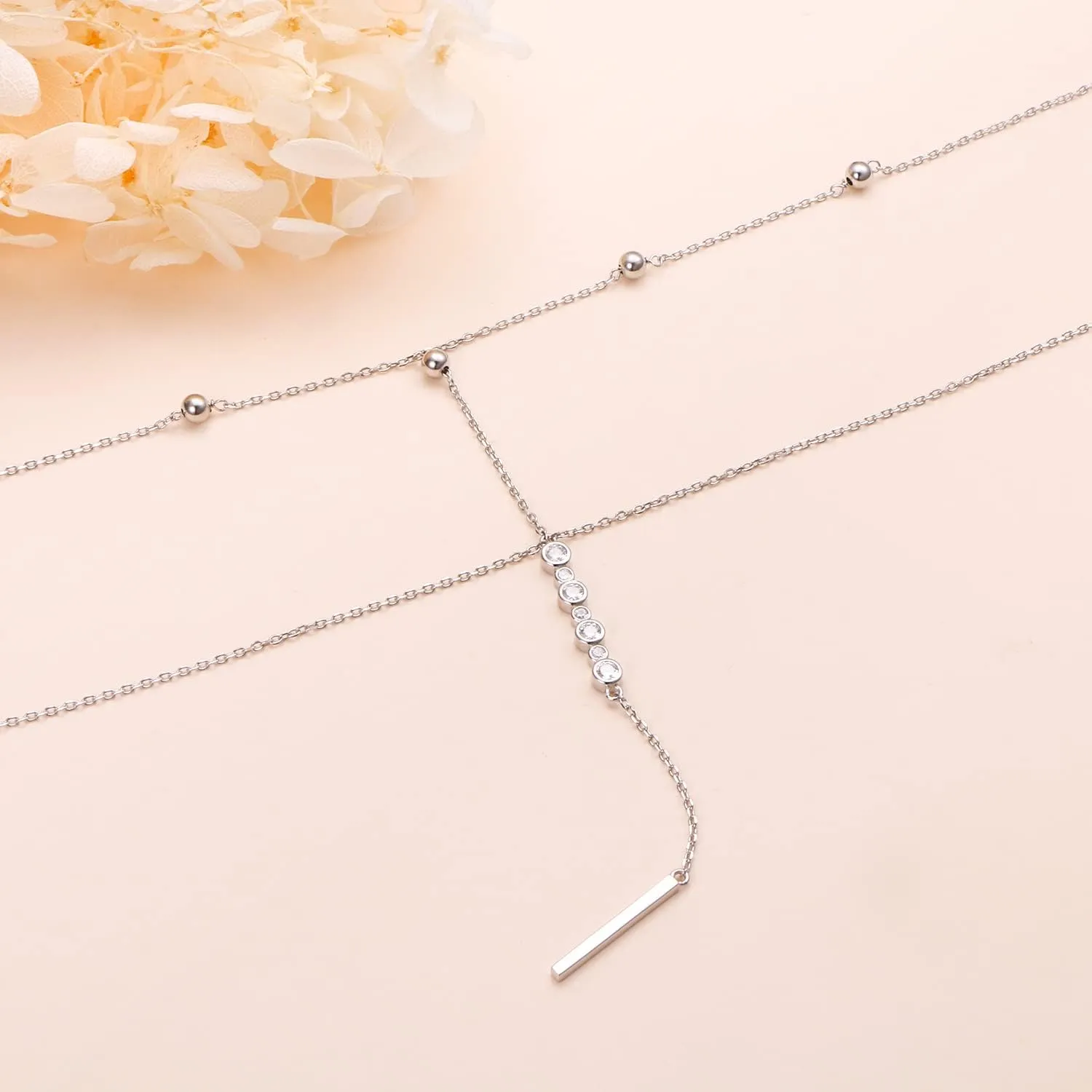 Sterling Silver Dainty Bead Layered Long Lariat Choker Necklaces for Women Boho