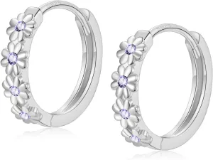 Sterling Silver Hoop Earrings for Women, Dainty Small Huggie Hoop Earrings | Hypoallergenic Daisy Color Cubic Zirconia Flower Hoops Earring Jewellery Gifts for Ladies Birthday Wedding, 12mm Hoop