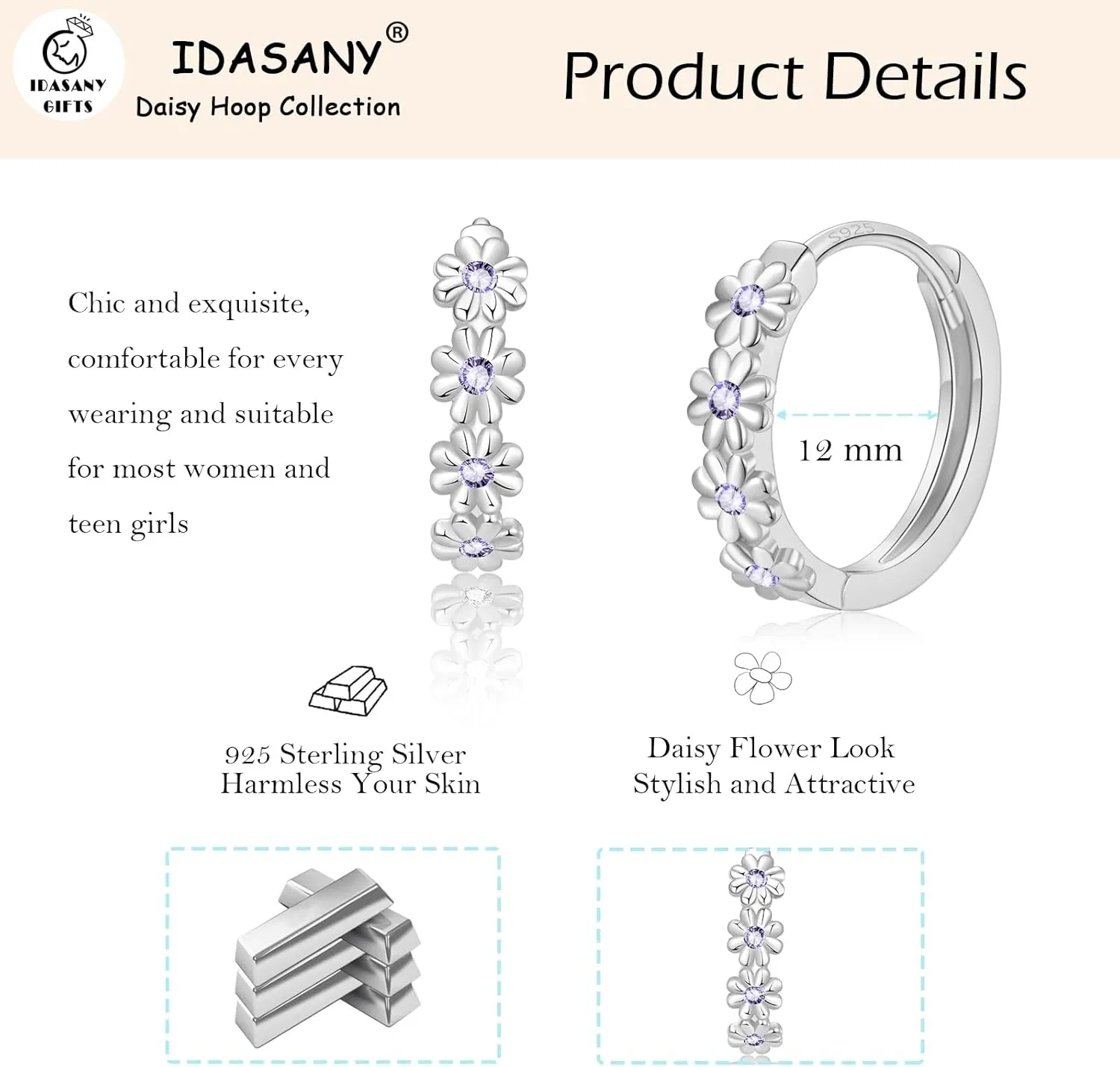 Sterling Silver Hoop Earrings for Women, Dainty Small Huggie Hoop Earrings | Hypoallergenic Daisy Color Cubic Zirconia Flower Hoops Earring Jewellery Gifts for Ladies Birthday Wedding, 12mm Hoop