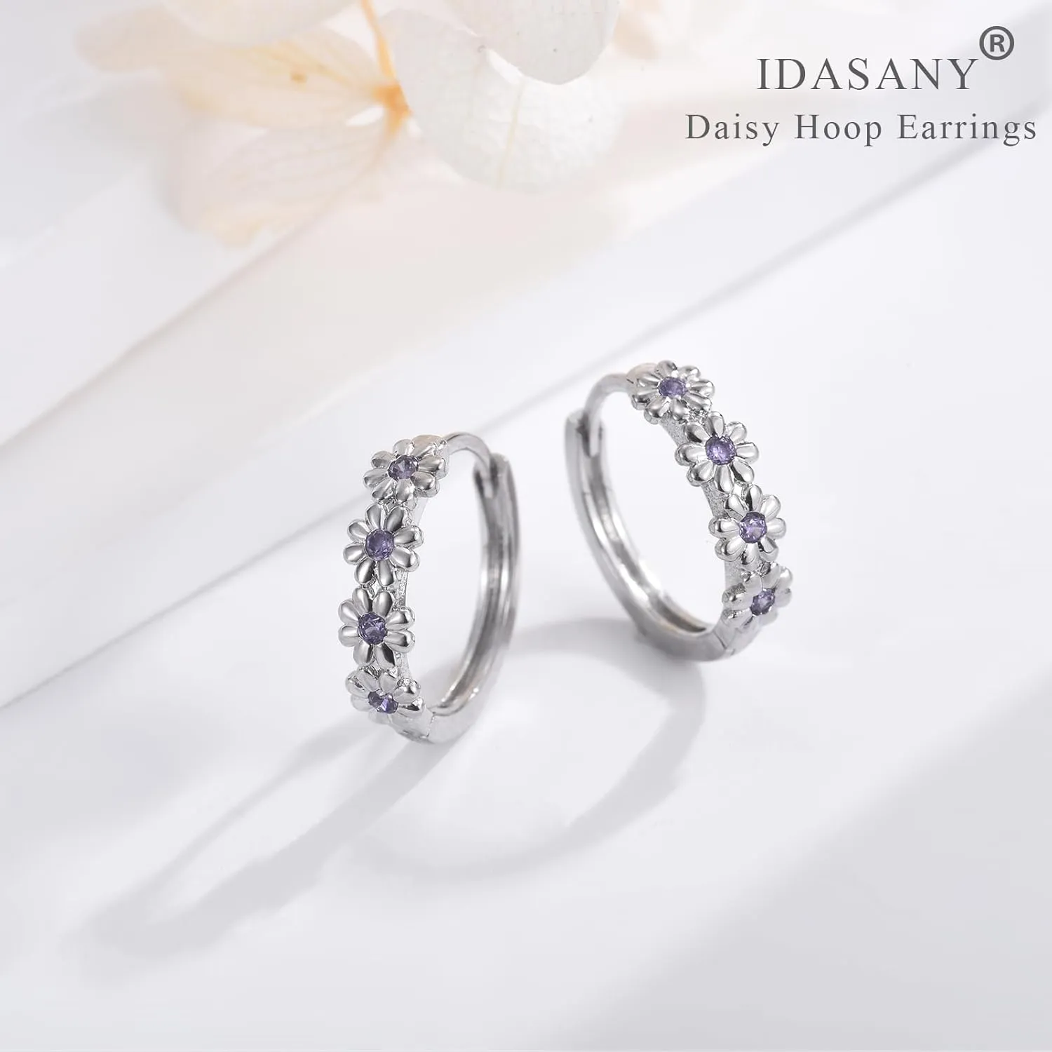 Sterling Silver Hoop Earrings for Women, Dainty Small Huggie Hoop Earrings | Hypoallergenic Daisy Color Cubic Zirconia Flower Hoops Earring Jewellery Gifts for Ladies Birthday Wedding, 12mm Hoop