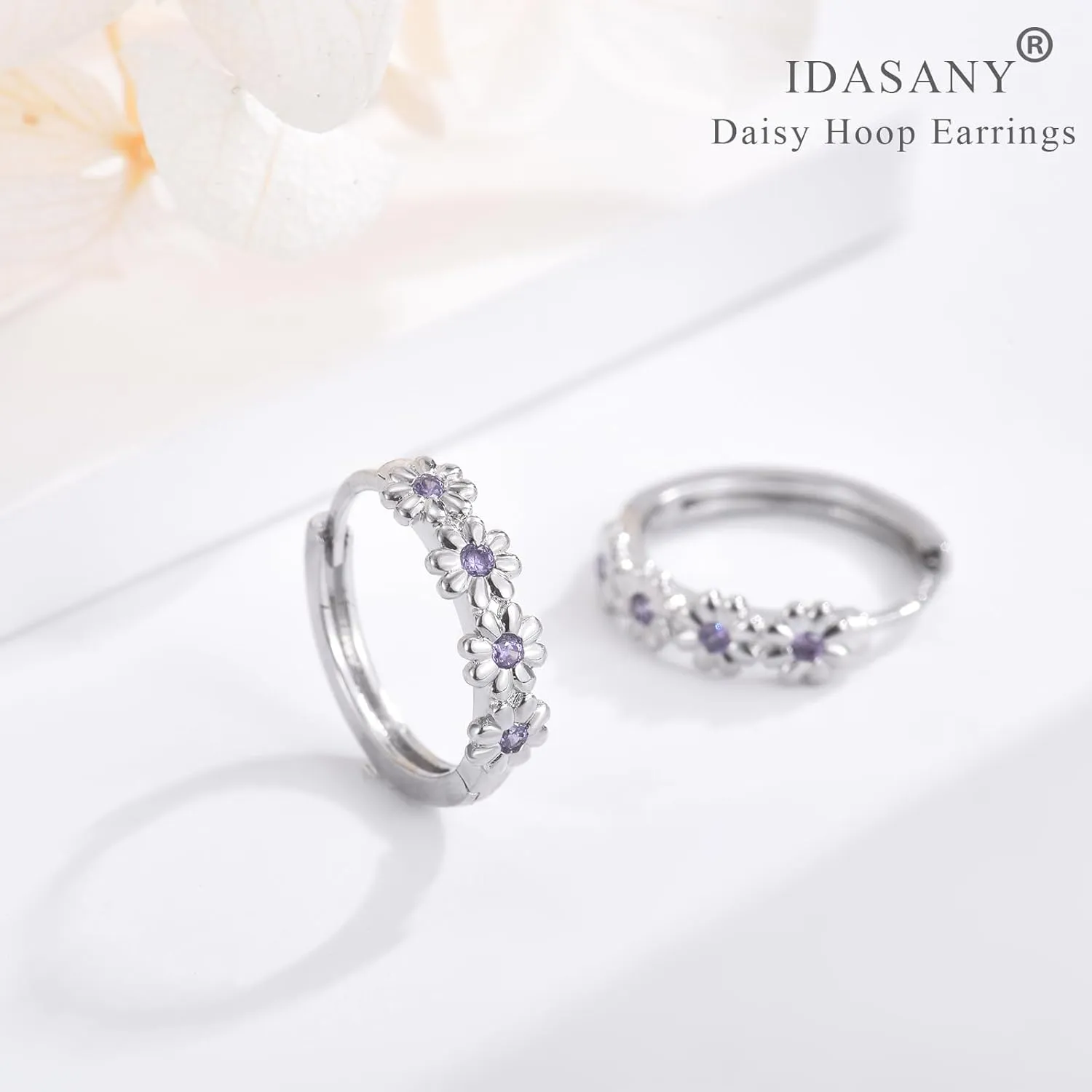 Sterling Silver Hoop Earrings for Women, Dainty Small Huggie Hoop Earrings | Hypoallergenic Daisy Color Cubic Zirconia Flower Hoops Earring Jewellery Gifts for Ladies Birthday Wedding, 12mm Hoop