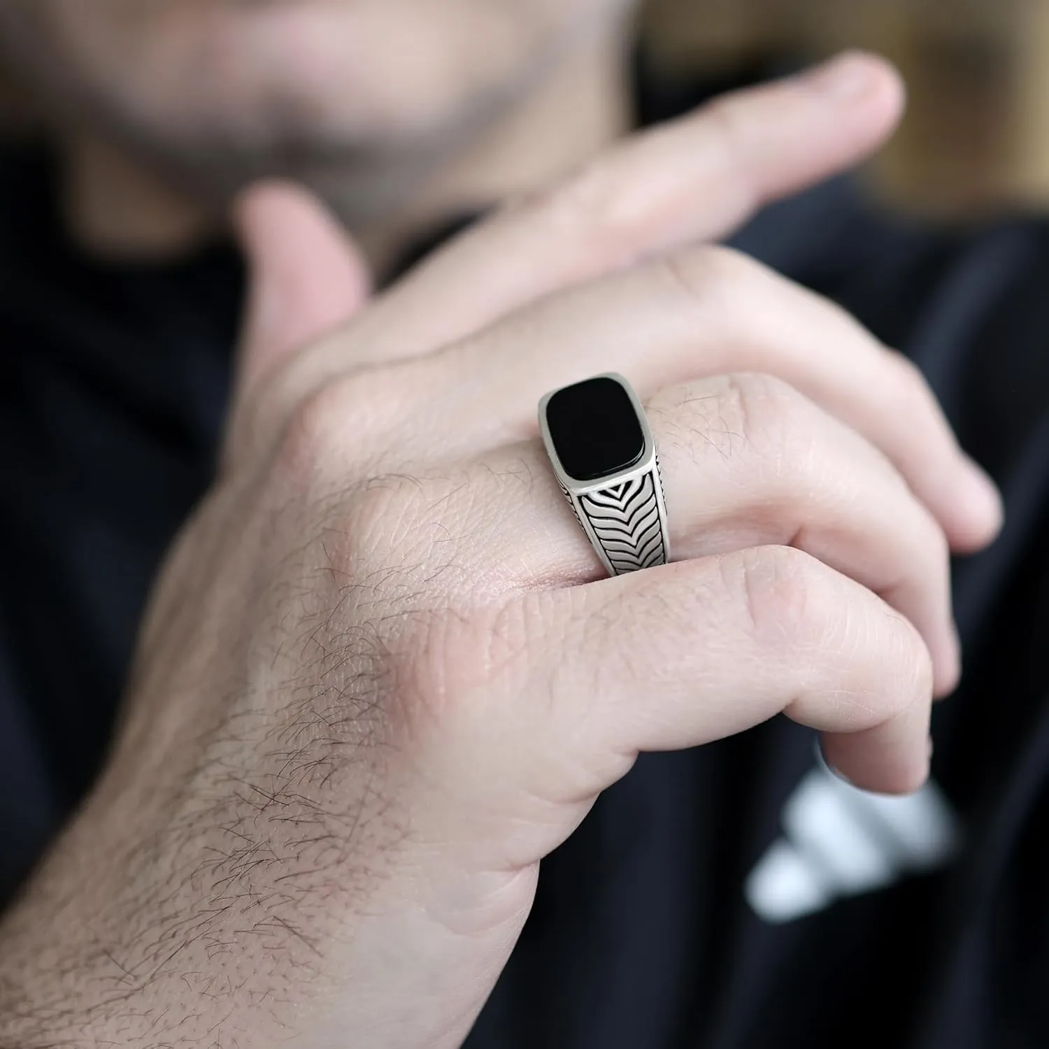 Sterling Silver Men's Ring with Onyx Stone, Classic and Bold Design