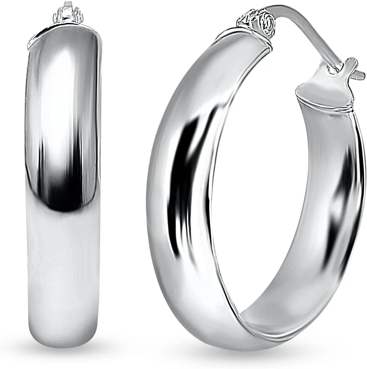 Sterling Silver Wide Thick High Polished Half Round-Tube Click-Top Light Chunky Hoop Earrings for Women