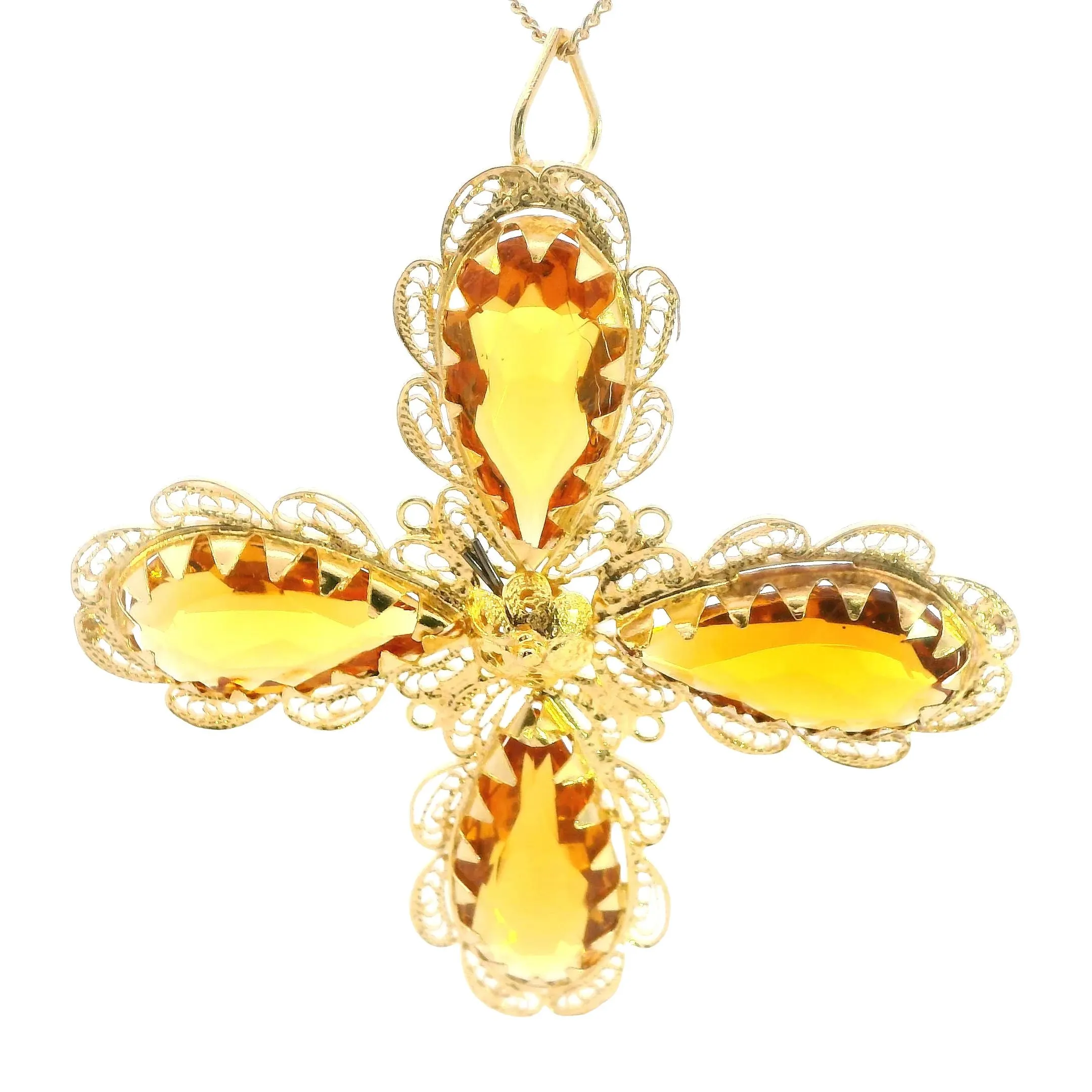 Stunning 22ct Yellow Gold Four-Stone Glass Pendant  Eye-Catching Filigree Design