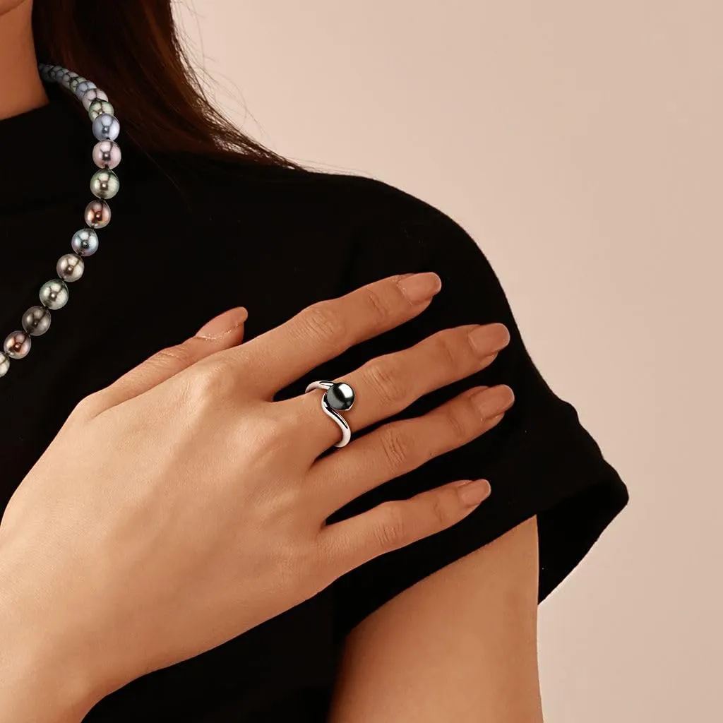 Tahitian Black Pearl Ring for Women 18 White Gold Plated Tessa Ring, AAA Quality Handpicked Nature 10mm Black Pearl, Size 5-9