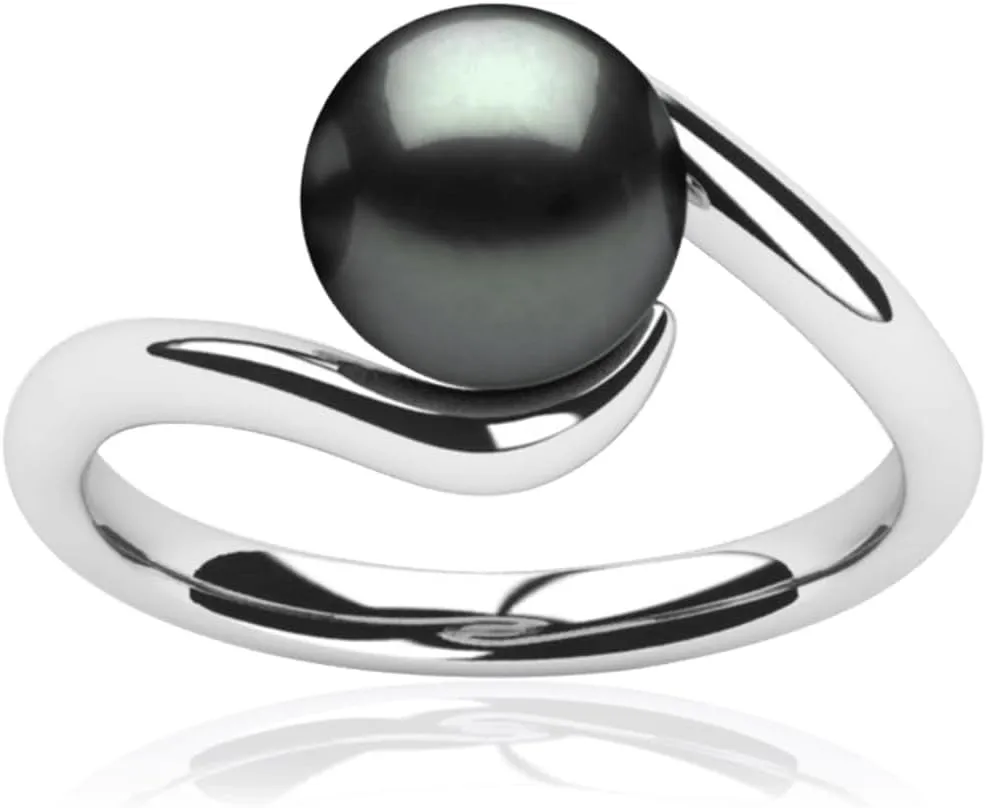 Tahitian Black Pearl Ring for Women 18 White Gold Plated Tessa Ring, AAA Quality Handpicked Nature 10mm Black Pearl, Size 5-9