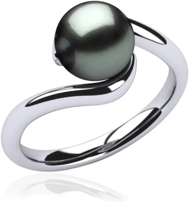 Tahitian Black Pearl Ring for Women 18 White Gold Plated Tessa Ring, AAA Quality Handpicked Nature 10mm Black Pearl, Size 5-9