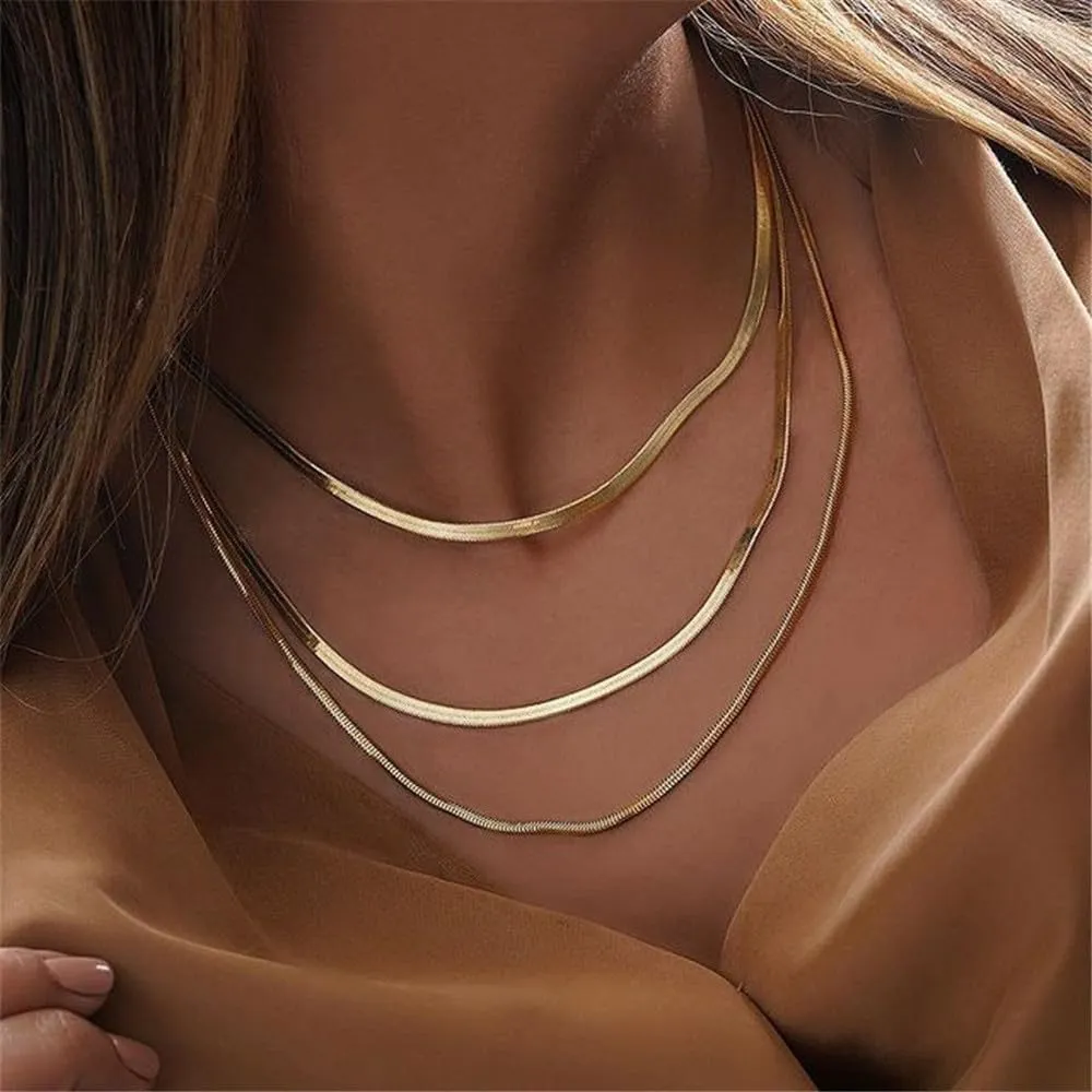 Thin Flat Snake Chain Stainless Steel Necklace for Men Women Layered Collarbone Chain Jewelry