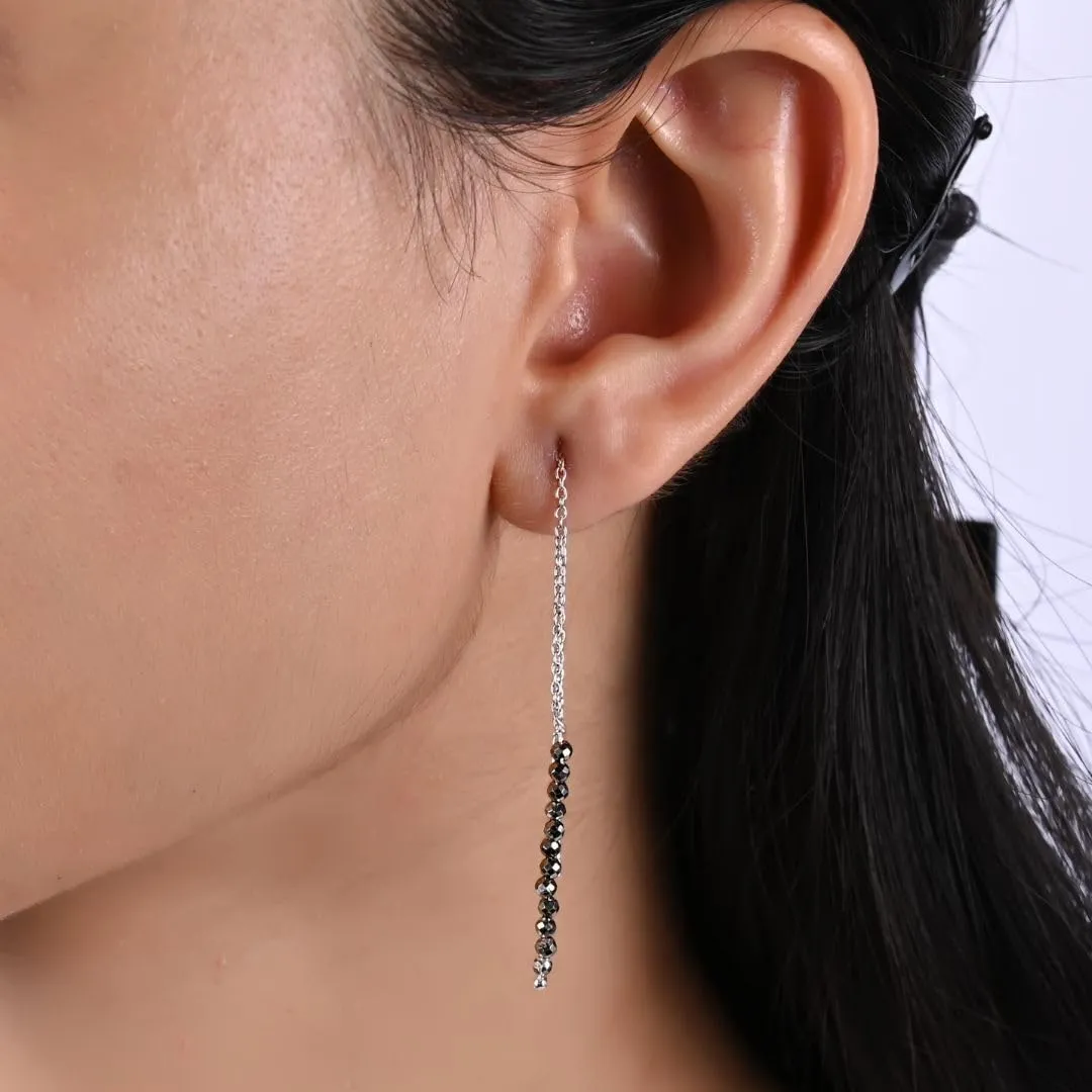 Threader Earrings Pyrite Earrings Fashionable Sterling Silver Lightweight Pull-Through Design Double Ear Piercing Long & Short Adjustable Dangle Drop Earrings Handmade Birthday Jewelry Gift for Women