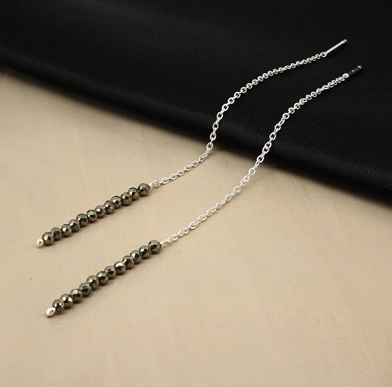 Threader Earrings Pyrite Earrings Fashionable Sterling Silver Lightweight Pull-Through Design Double Ear Piercing Long & Short Adjustable Dangle Drop Earrings Handmade Birthday Jewelry Gift for Women