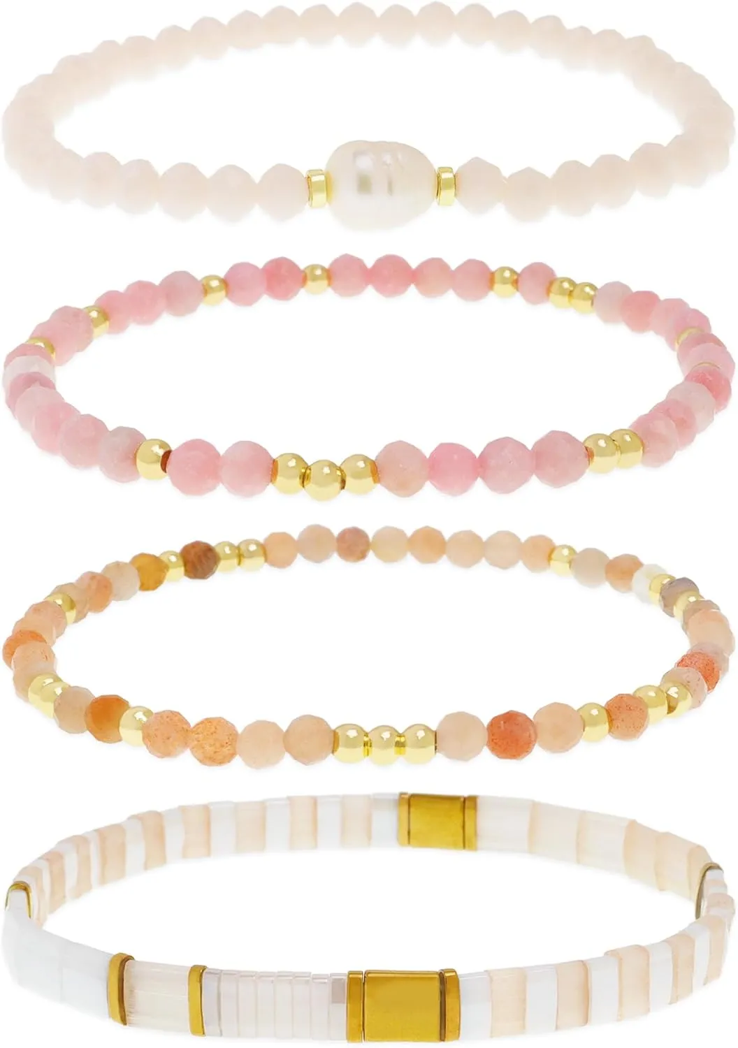 Tila Flat Beads Gemstone Stack Bracelets Set for Women, Boho Handmade Stackable Friendship Stretch Festive Holiday Accessories Jewelry Gift.