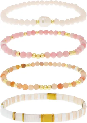 Tila Flat Beads Gemstone Stack Bracelets Set for Women, Boho Handmade Stackable Friendship Stretch Festive Holiday Accessories Jewelry Gift.