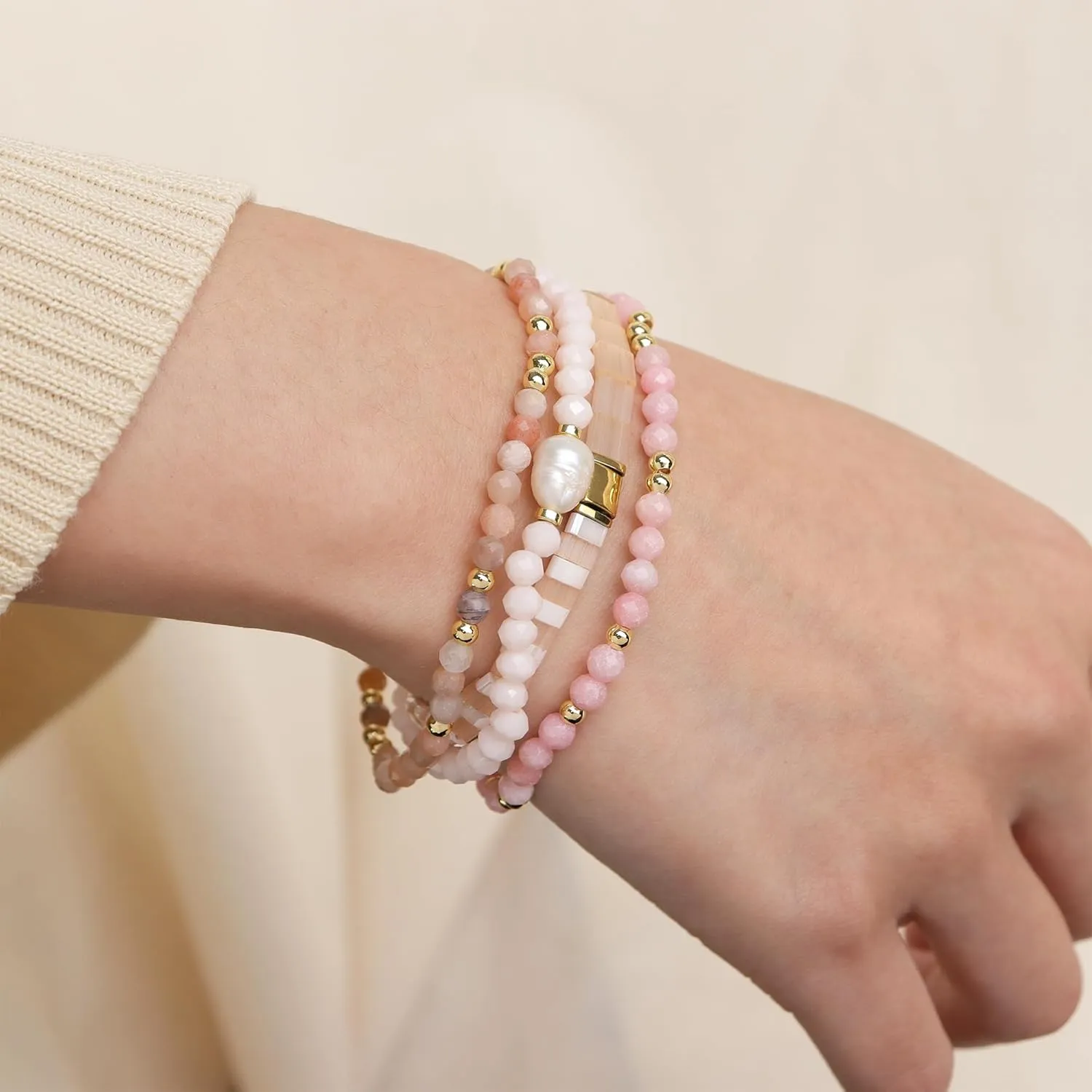 Tila Flat Beads Gemstone Stack Bracelets Set for Women, Boho Handmade Stackable Friendship Stretch Festive Holiday Accessories Jewelry Gift.