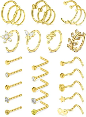 TOKRING 18G Gold Nose Rings Hoops Nose Rings Studs for Nose Piercings Surgical Steel Nose Piercing jewelry for Women Men