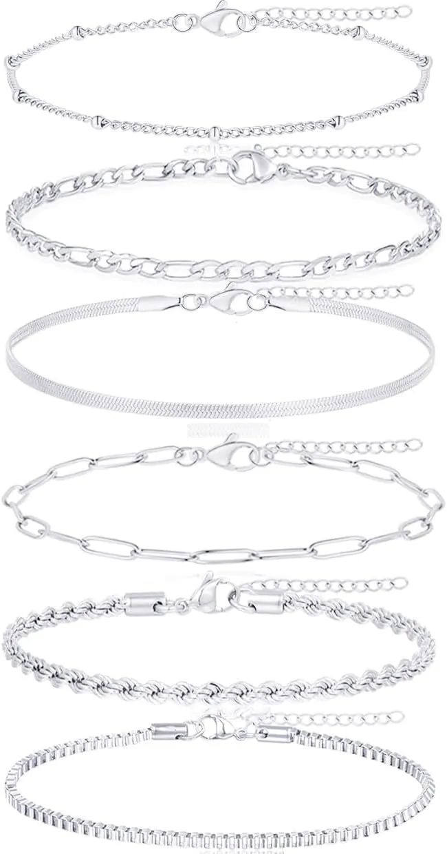 Tornito 6Pcs Gold Bracelets for Women 14K Gold Plated Stainless Steel Chain Bracelets Stackable Paperclip Satellite Figaro Box Rope Herring bone Link Bracelets Jewelry Sets 6.5 Inches Silver Gold Tone