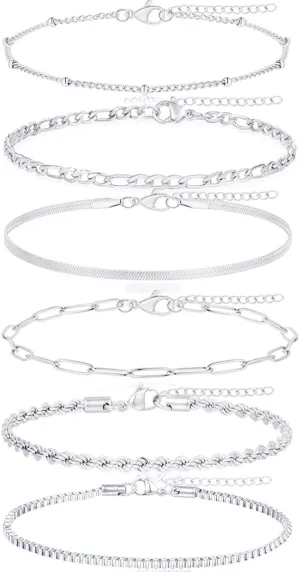 Tornito 6Pcs Gold Bracelets for Women 14K Gold Plated Stainless Steel Chain Bracelets Stackable Paperclip Satellite Figaro Box Rope Herring bone Link Bracelets Jewelry Sets 6.5 Inches Silver Gold Tone