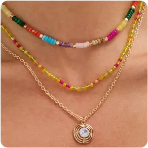 Trendy Layered Necklaces Set for Women Gold - toned Chain Sparkling Crystal Pendant Necklace, Colorful Beaded & Natural Stone Separable Multi - layer Necklace