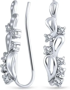 Trendy Leaf Swirl Wire Ear Pin Climbers Earrings For Women For Teen AAA CZ Crawlers 14K Gold Plated .925 Sterling Silver