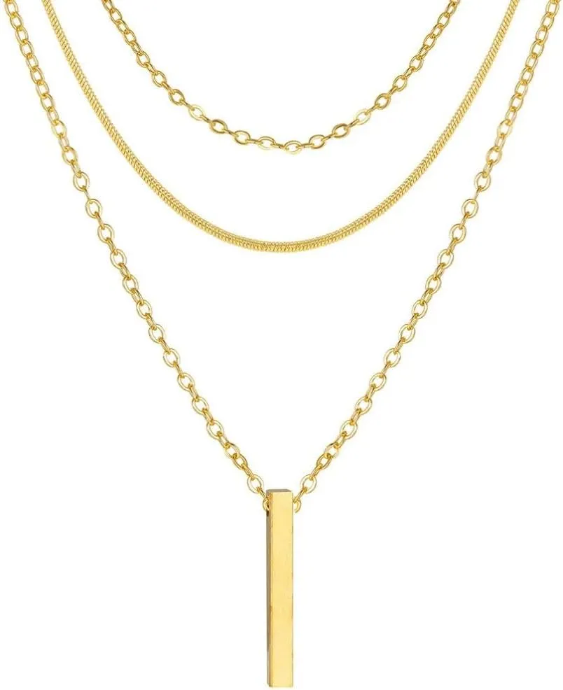 Triple Layer Chain Necklace Set, Gold Plated Stainless Steel, Vertical Bar Pendant