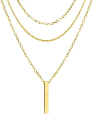 Triple Layer Chain Necklace Set, Gold Plated Stainless Steel, Vertical Bar Pendant