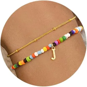 Turandoss Colorful Beaded Bracelets - Initial Bracelet for Women Girls, Dainty 18K Gold Plated Initial Bracelet Boho Beaded Bracelets for Women Teen Girl Gifts Birthday Gifts for Her