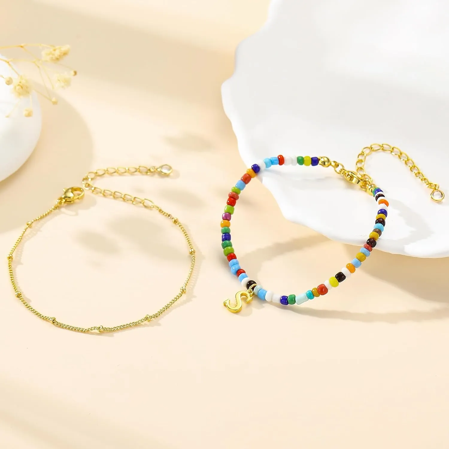 Turandoss Colorful Beaded Bracelets - Initial Bracelet for Women Girls, Dainty 18K Gold Plated Initial Bracelet Boho Beaded Bracelets for Women Teen Girl Gifts Birthday Gifts for Her
