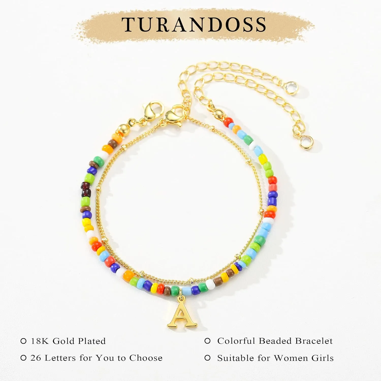 Turandoss Colorful Beaded Bracelets - Initial Bracelet for Women Girls, Dainty 18K Gold Plated Initial Bracelet Boho Beaded Bracelets for Women Teen Girl Gifts Birthday Gifts for Her