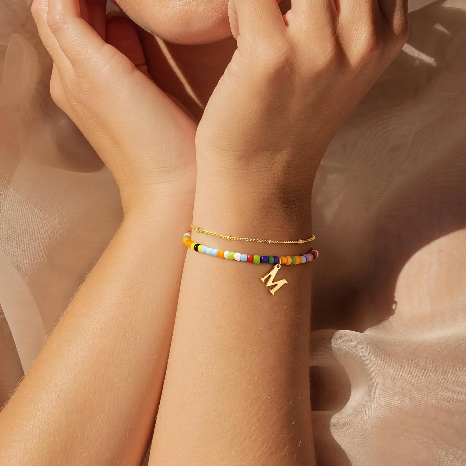 Turandoss Colorful Beaded Bracelets - Initial Bracelet for Women Girls, Dainty 18K Gold Plated Initial Bracelet Boho Beaded Bracelets for Women Teen Girl Gifts Birthday Gifts for Her