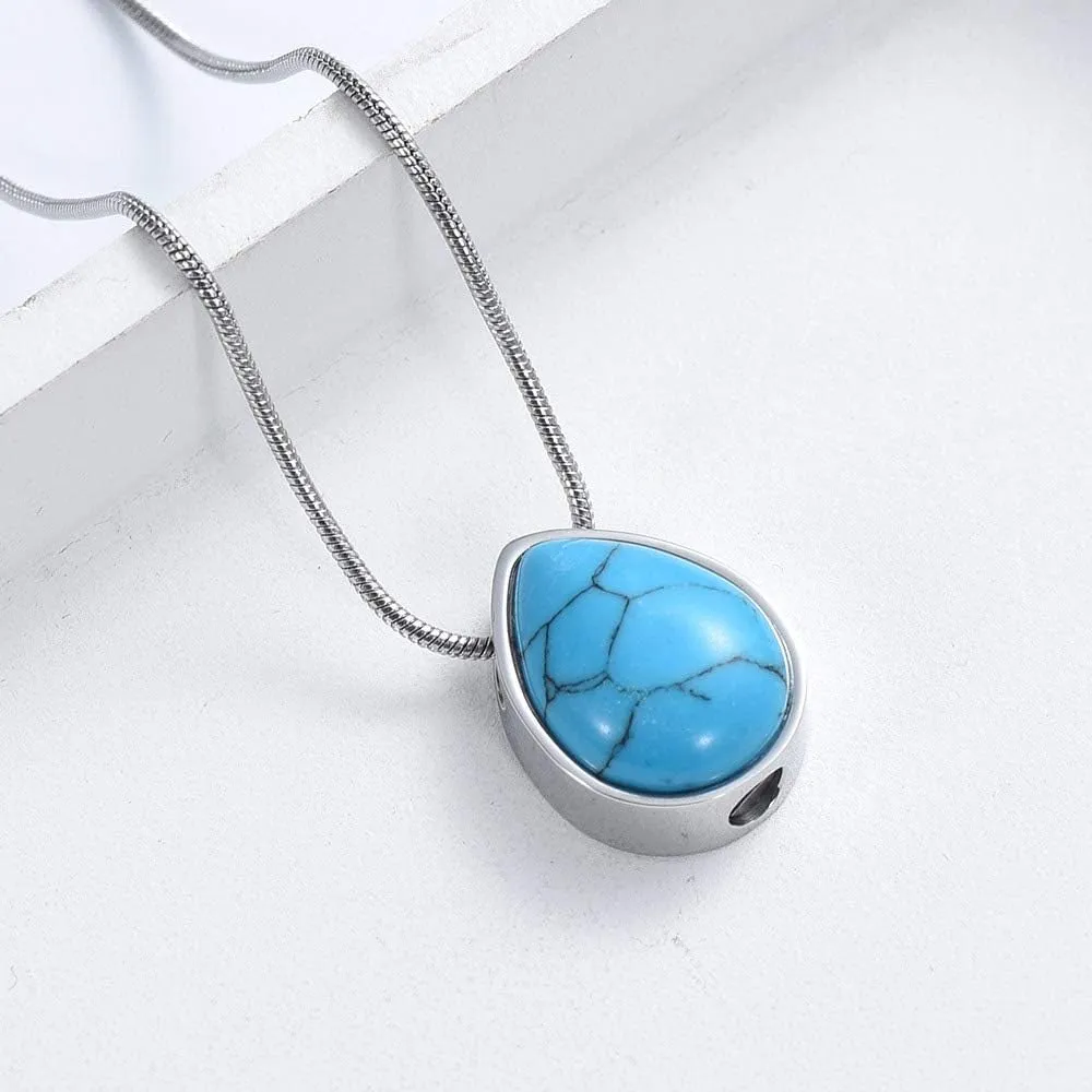 Turquoise Floating Teardrop Shape Urns Pendants Unisex Necklaces- Memorial Keepsake Cremation Jewelry
