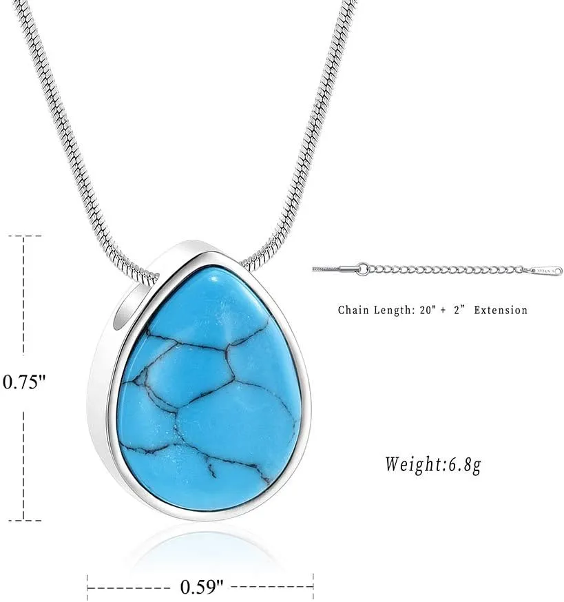 Turquoise Floating Teardrop Shape Urns Pendants Unisex Necklaces- Memorial Keepsake Cremation Jewelry
