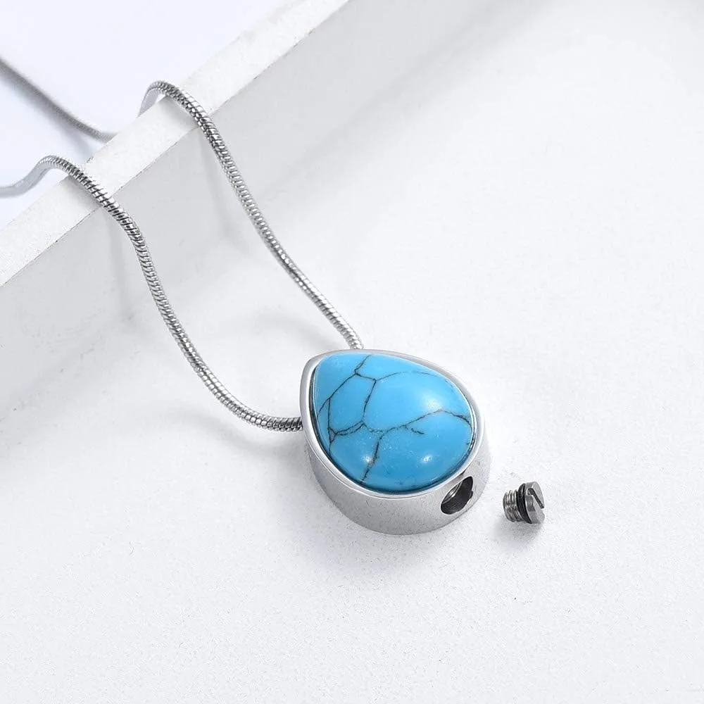 Turquoise Floating Teardrop Shape Urns Pendants Unisex Necklaces- Memorial Keepsake Cremation Jewelry