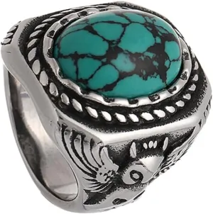 TURTLEDOVE Mens Retro Turquoise Ring Bohemian Oval Stone Rings Owl Stainless Steel Ring Jewelry for Father,Boyfriend,Brother