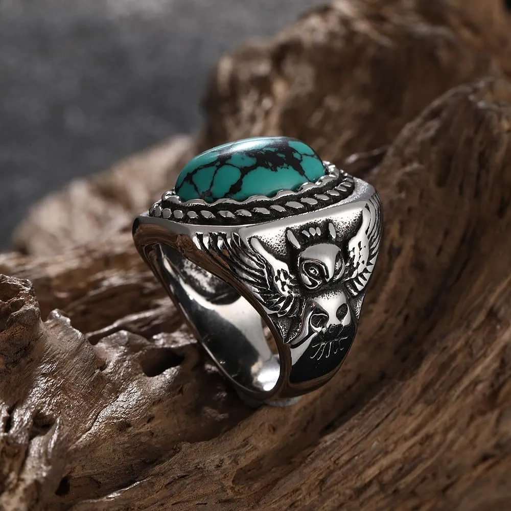 TURTLEDOVE Mens Retro Turquoise Ring Bohemian Oval Stone Rings Owl Stainless Steel Ring Jewelry for Father,Boyfriend,Brother