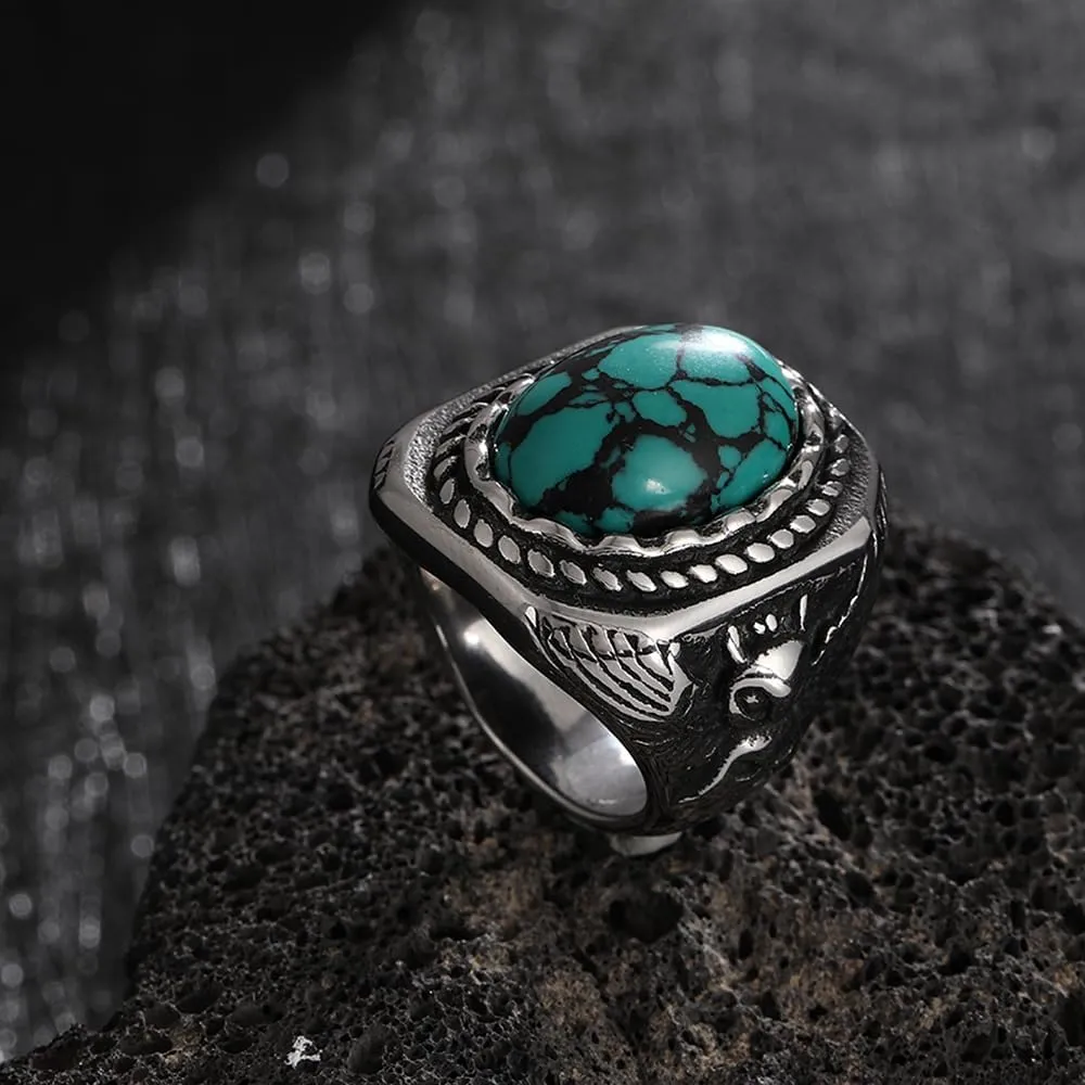 TURTLEDOVE Mens Retro Turquoise Ring Bohemian Oval Stone Rings Owl Stainless Steel Ring Jewelry for Father,Boyfriend,Brother