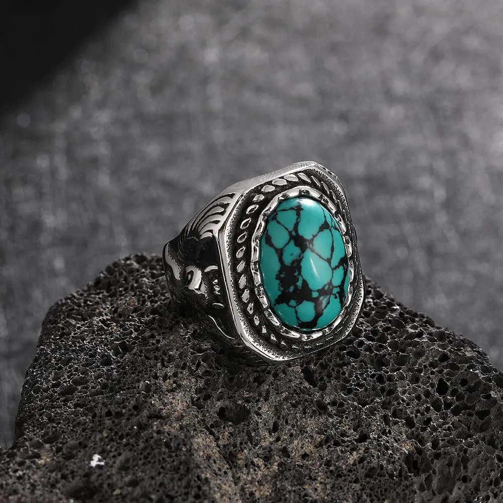 TURTLEDOVE Mens Retro Turquoise Ring Bohemian Oval Stone Rings Owl Stainless Steel Ring Jewelry for Father,Boyfriend,Brother