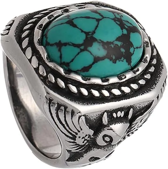 TURTLEDOVE Mens Retro Turquoise Ring Bohemian Oval Stone Rings Owl Stainless Steel Ring Jewelry for Father,Boyfriend,Brother