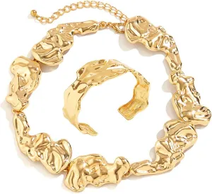 Unique Melting Chunky Liquid Dripping Metal Collar Necklace and Bracelet for Women Men Unisex,Thick Geometric Metallic Abstract Statement Fashion Chain Necklace Cool Punk Cuff Choker Jewelry Set