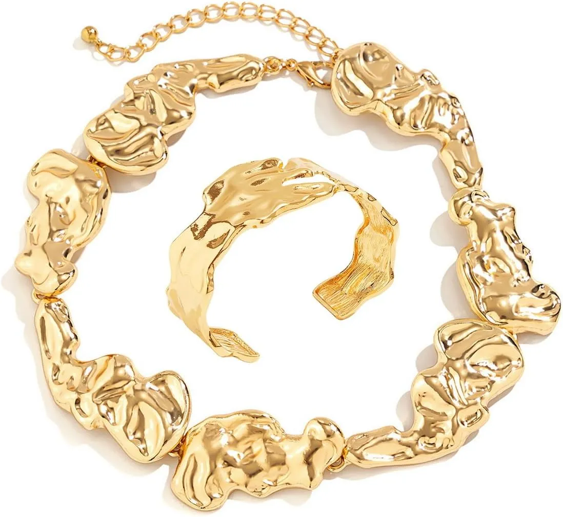 Unique Melting Chunky Liquid Dripping Metal Collar Necklace and Bracelet for Women Men Unisex,Thick Geometric Metallic Abstract Statement Fashion Chain Necklace Cool Punk Cuff Choker Jewelry Set