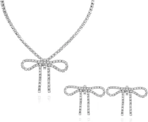 Unique Rhinestone Bow Pendant Bling Crystal Choker Pendant Necklace and Earrings Set Chic Boho Bow Tie Necklace for Women,Cute Dainty CZ Y3K Necklace Statement Vintage Jewelry Set
