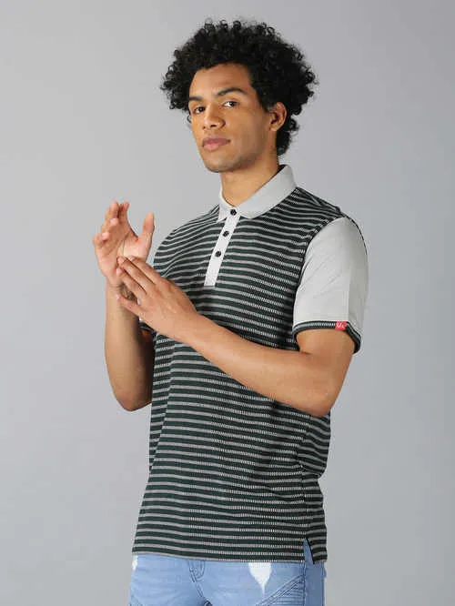UrGear Striped  Men Polo Neck Olive Green Melange T-shirt