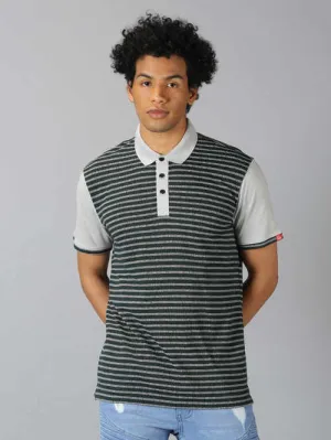 UrGear Striped  Men Polo Neck Olive Green Melange T-shirt
