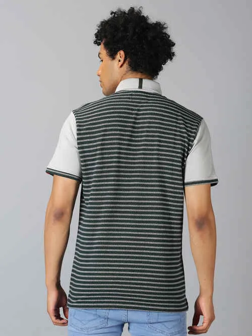 UrGear Striped  Men Polo Neck Olive Green Melange T-shirt