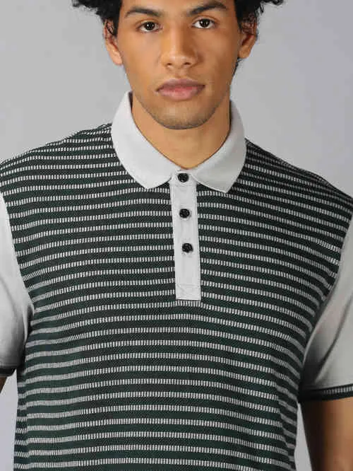 UrGear Striped  Men Polo Neck Olive Green Melange T-shirt