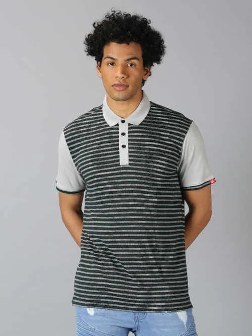 UrGear Striped  Men Polo Neck Olive Green Melange T-shirt