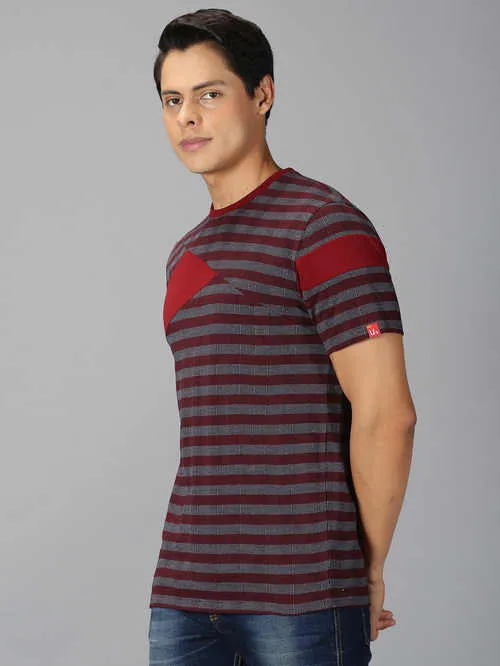 UrGear Striped Men Round Neck Maroon T-shirt