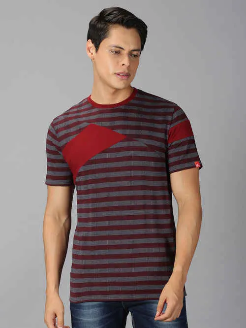 UrGear Striped Men Round Neck Maroon T-shirt