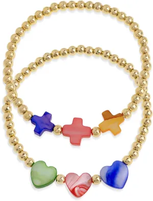 Valentine Day Gold Beads Heart Cross Couple Bracelets Set for Women, 2Psc Trendy Handmade Colorful Stackable Friendship Beaded Ball Bracelet Summer Beach Jewelry Gift.